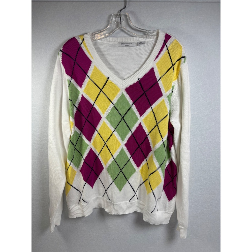 Liz Claiborne Argyle Sweater Womens 2X White Cotton V-Neck Preppy Pullover